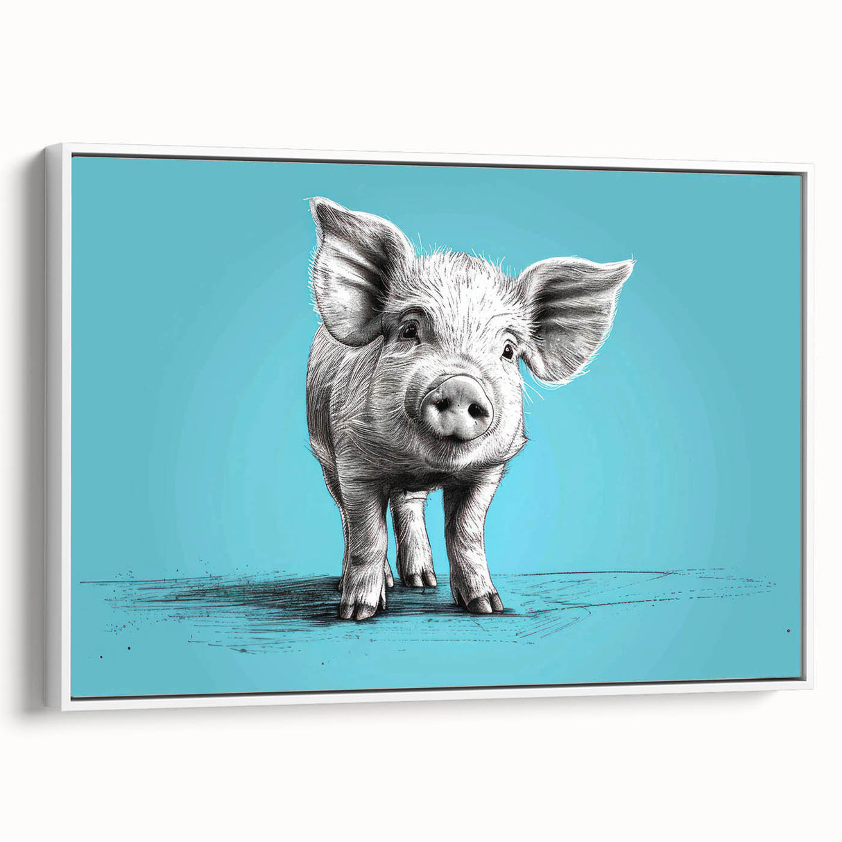Framed canvas wall art featuring a whimsical pig design set against a white background. The artwork showcases vibrant colors and playful details, perfect for animal lovers and home decor enthusiasts. Ideal for adding a fun touch to any room.