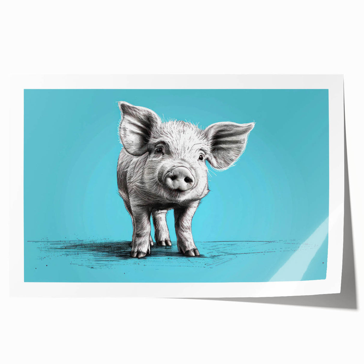 Vibrant wall art featuring a whimsical pig design on a rolled print, showcasing colorful details and playful elements, perfect for animal lovers and home decor.