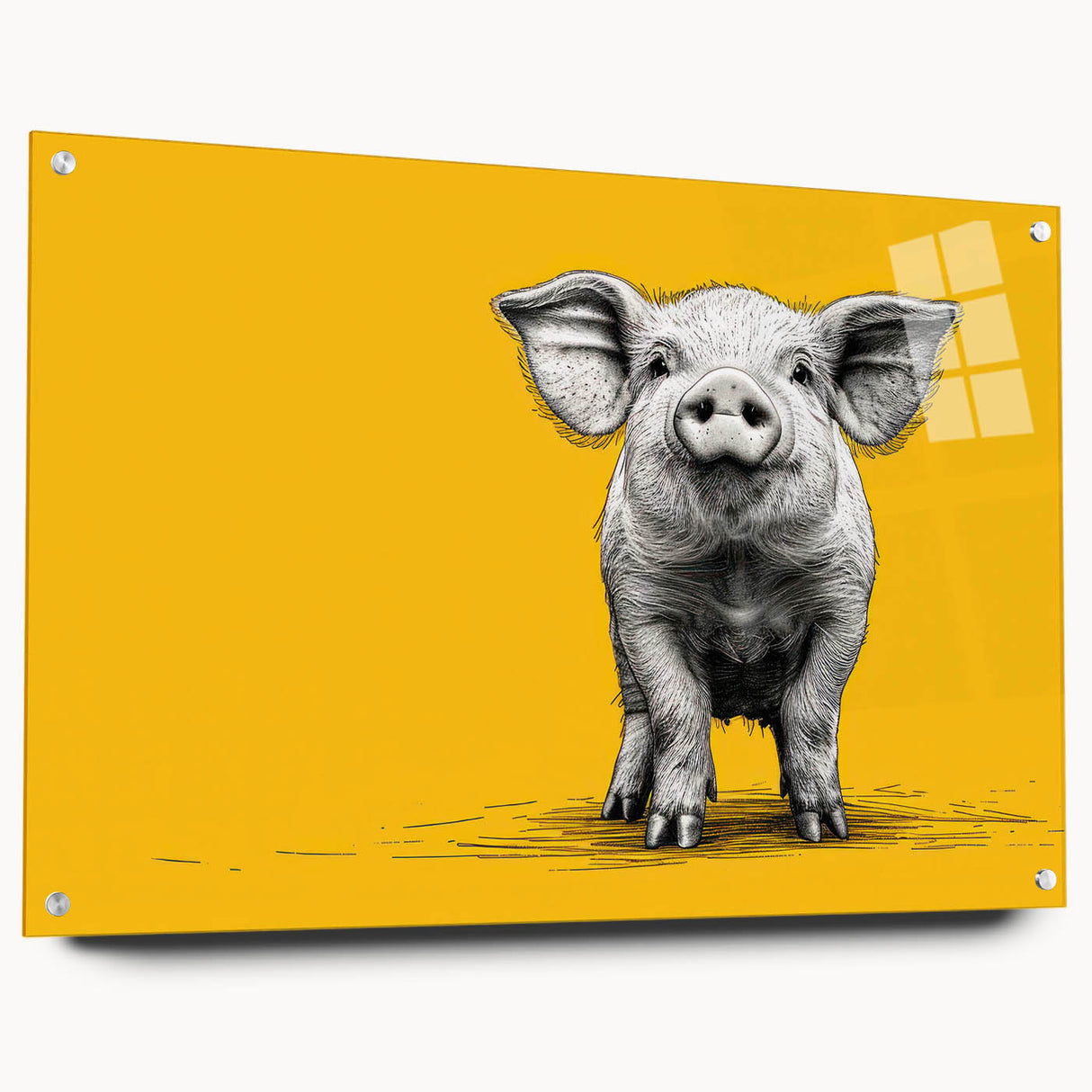 Acrylic wall art display featuring a side view of a whimsical pig design from the "Animals: A Wild Life" collection, mounted with pins on a sleek background. Ideal for animal lovers and contemporary decor enthusiasts.