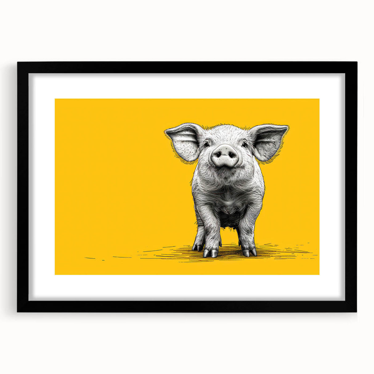 Black-framed wall art showcasing a whimsical pig design from the "Animals A Wild Life" collection, set against a mat background, ideal for home decor.