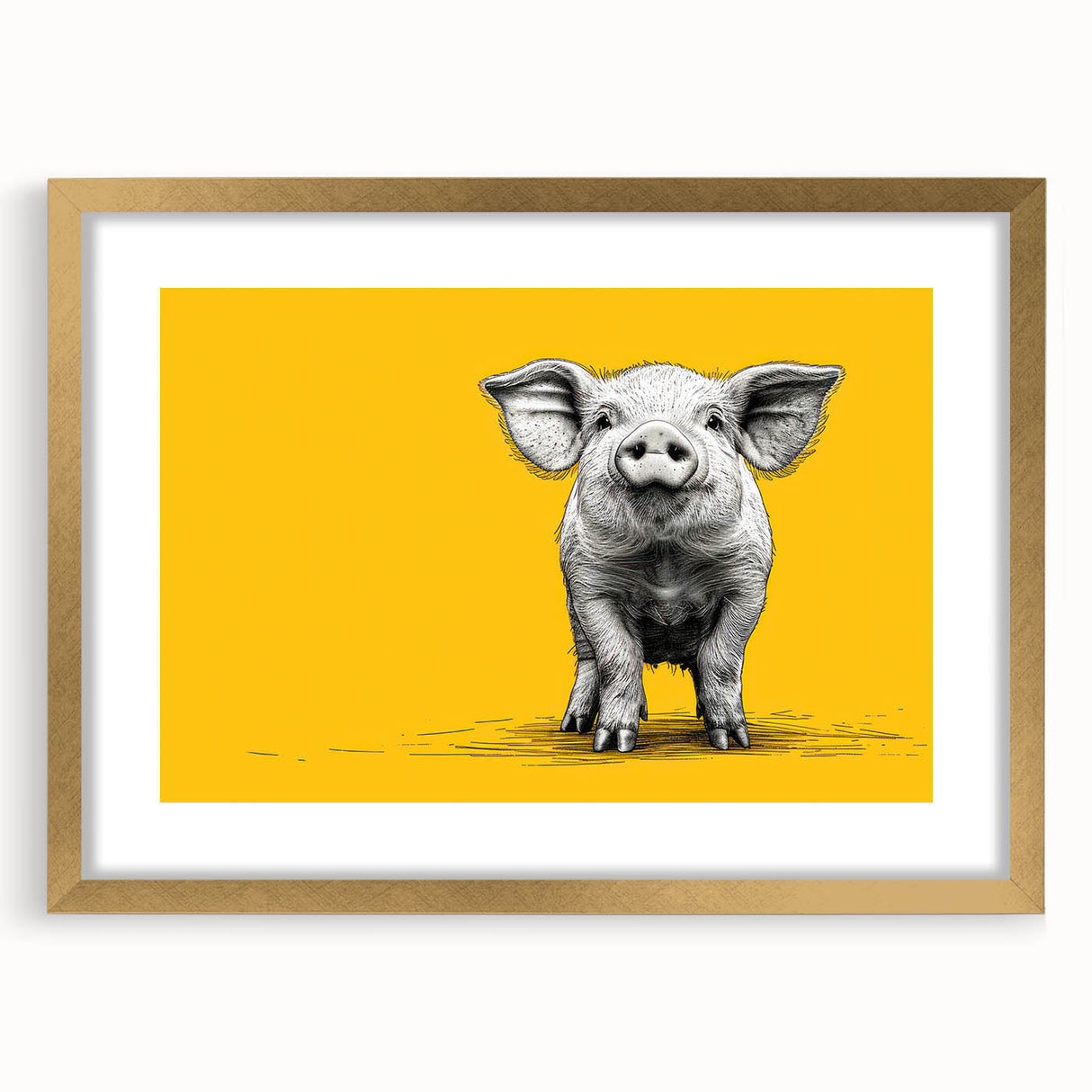 Gold-framed wall art featuring a whimsical pig design from the "Animals A Wild Life" collection, elegantly matted to enhance its vibrant colors and playful character.