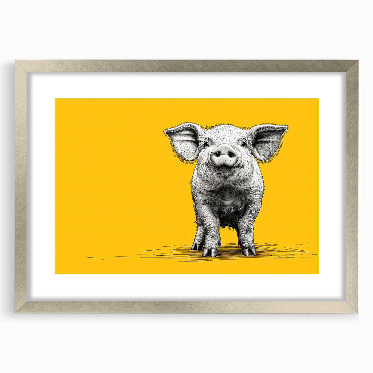 Framed wall art featuring a whimsical pig design from the Animals A Wild Life collection, showcasing a silver frame and matting, perfect for enhancing home decor.