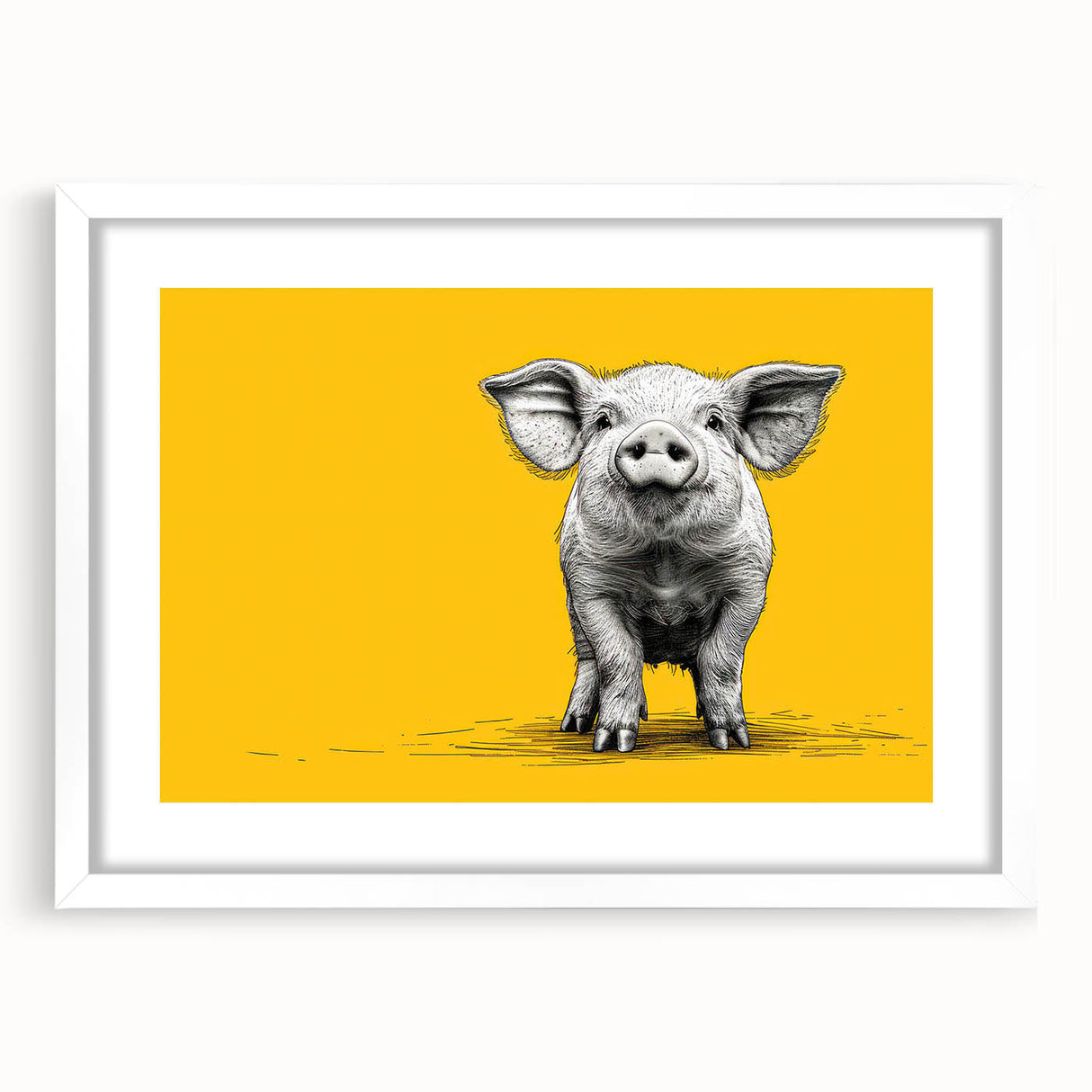 Framed wall art featuring a whimsical pig design from the "Animals A Wild Life" collection, showcasing vibrant colors and a white mat, perfect for animal lovers' decor.