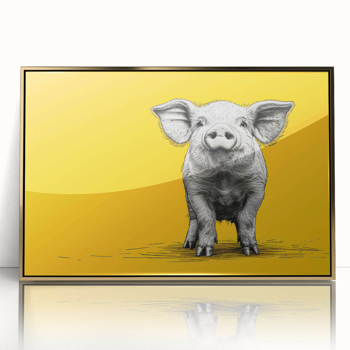 Framed wall art featuring a vibrant pig design in a wild animal theme, showcasing gold accents and a sleek acrylic front, perfect for animal lovers.
