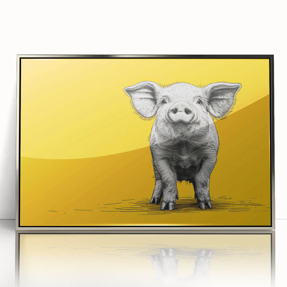 Framed wall art featuring a contemporary pig design in vibrant colors, displayed in a sleek silver frame, ideal for animal lovers and modern decor enthusiasts.