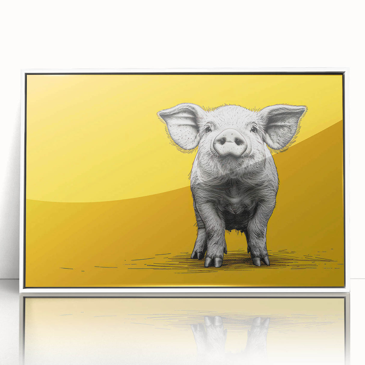 Framed wall art featuring a whimsical pig design from the "Animals A Wild Life" collection, with a sleek white frame and clear acrylic front, ideal for animal lovers' decor.