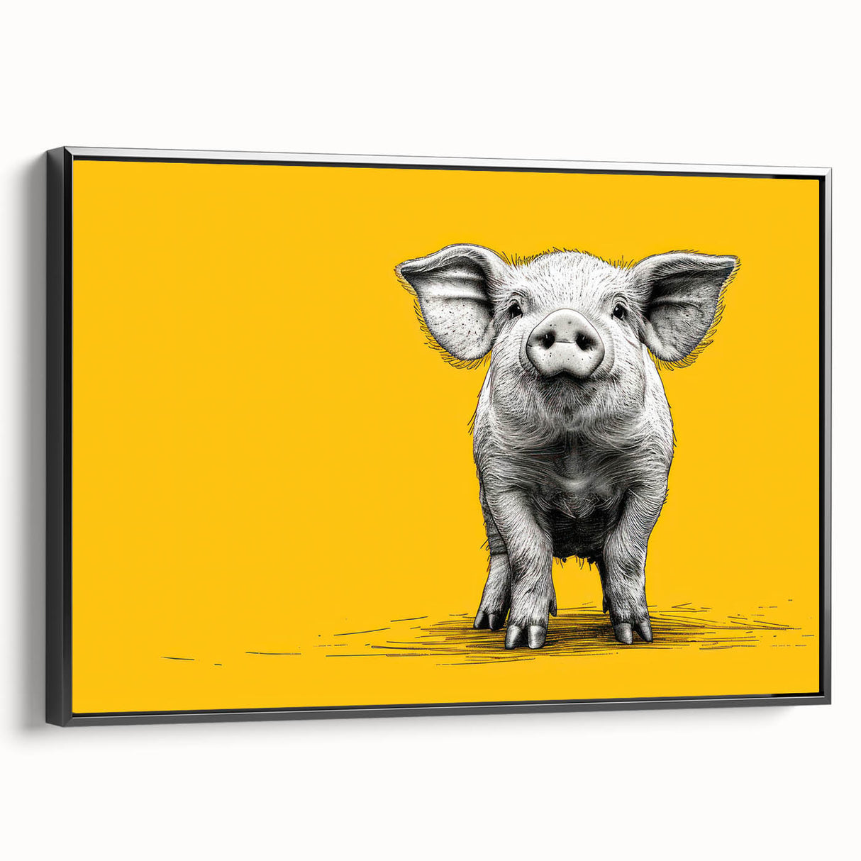 Framed wall art featuring a whimsical pig design in a vibrant color palette, displayed from a black side view, perfect for animal lovers and home decor. Ideal for adding a playful touch to any room.