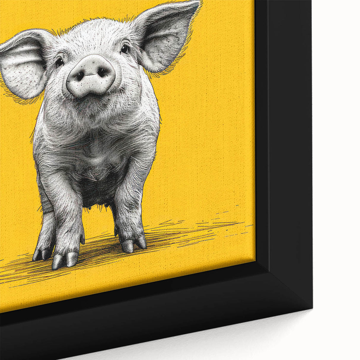 Close-up of a vibrant framed canvas wall art featuring a whimsical pig design, showcasing rich colors and playful details, perfect for animal lovers' decor.