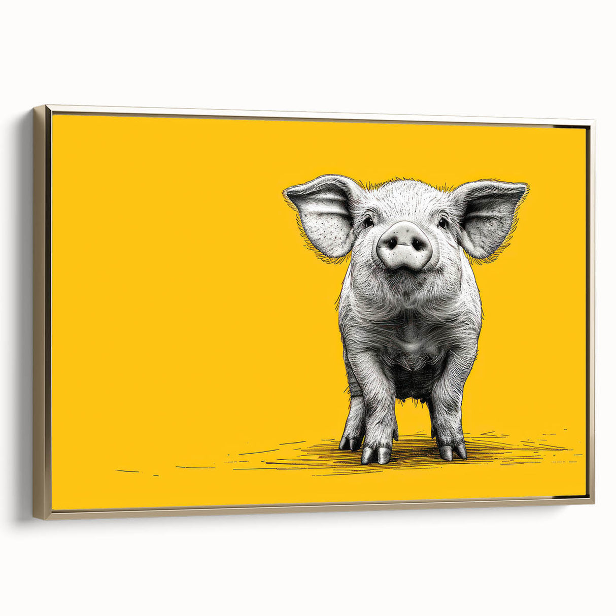 Framed wall art featuring a whimsical pig design with gold accents, set against a textured canvas, perfect for adding a playful touch to home decor.