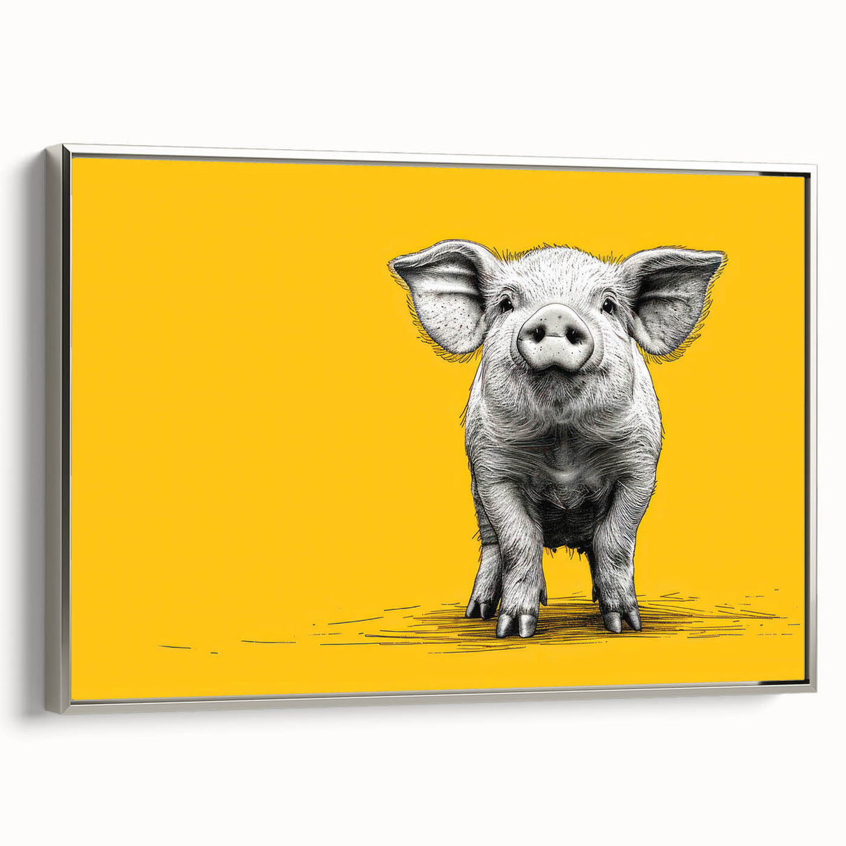 Framed canvas wall art featuring a whimsical pig design, showcasing vibrant colors and intricate details, set in a sleek silver frame for a modern touch. Ideal for animal lovers, this unique decor piece adds character to any space.