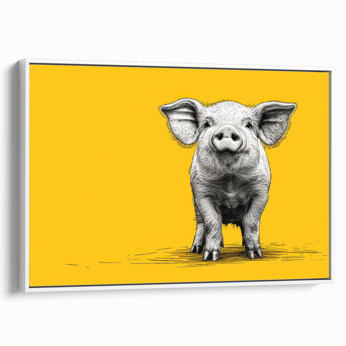 Framed wall art featuring a whimsical pig design in a white frame, showcasing vibrant colors and playful details, perfect for animal lovers’ home decor.