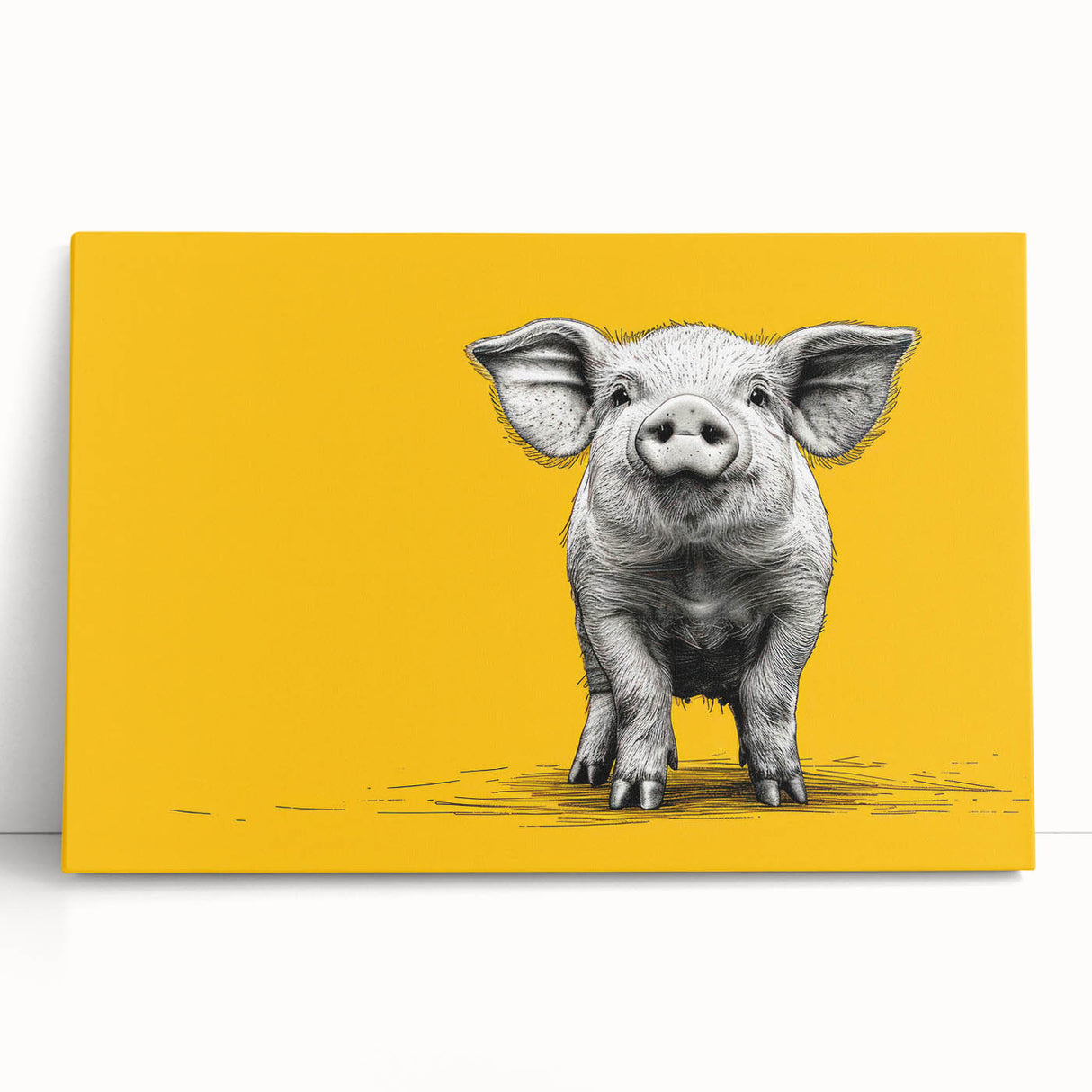 Stretched canvas wall art featuring a whimsical pig design from the "Animals of the Wild" collection, showcasing vibrant colors and playful details, perfect for animal lovers.