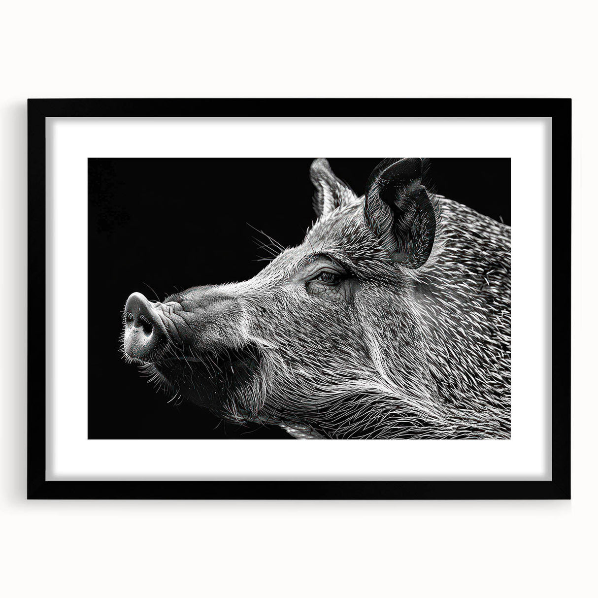 Framed wall art collection featuring a playful pig design in a black frame, highlighted by a white mat, perfect for animal lovers and home decor enthusiasts.