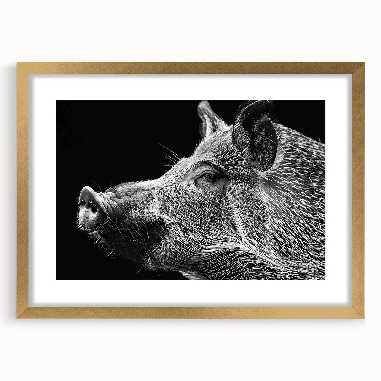 Framed wall art featuring a whimsical pig design from the "Animals: A Wild Life" collection, elegantly matted in gold, ideal for children's rooms or playful decor.