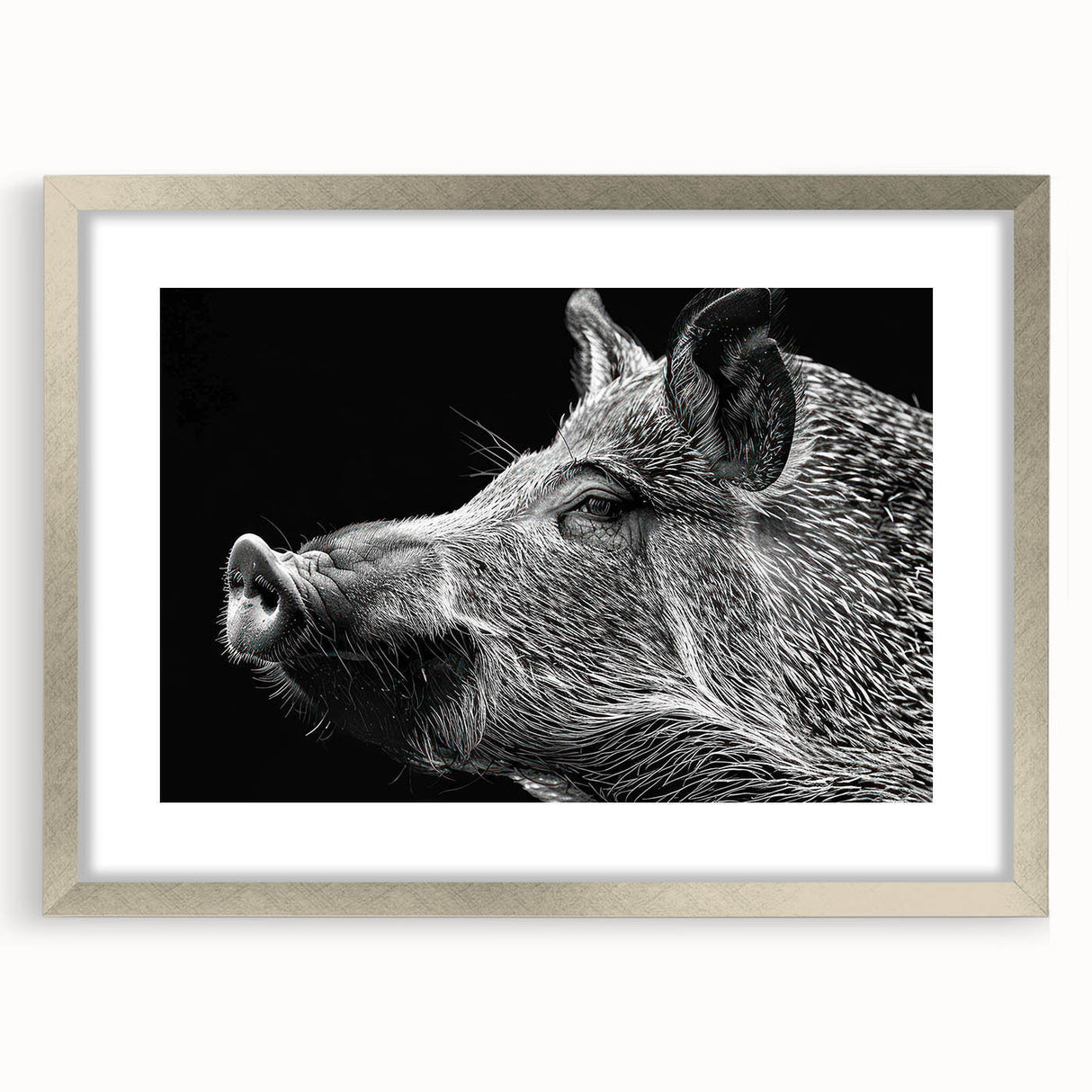 Framed wall art collection showcasing a whimsical pig design, featuring a silver frame and mat, perfect for adding a playful touch to home decor.
