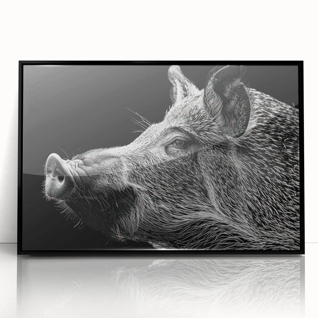 Framed wall art featuring a whimsical pig design in vibrant colors, set against a sleek black background, perfect for adding a playful touch to home decor.