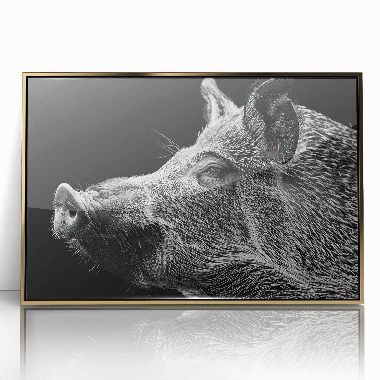 Framed wall art showcasing a whimsical pig design with vibrant colors, set against a gold-accented border, perfect for adding a playful touch to home decor.