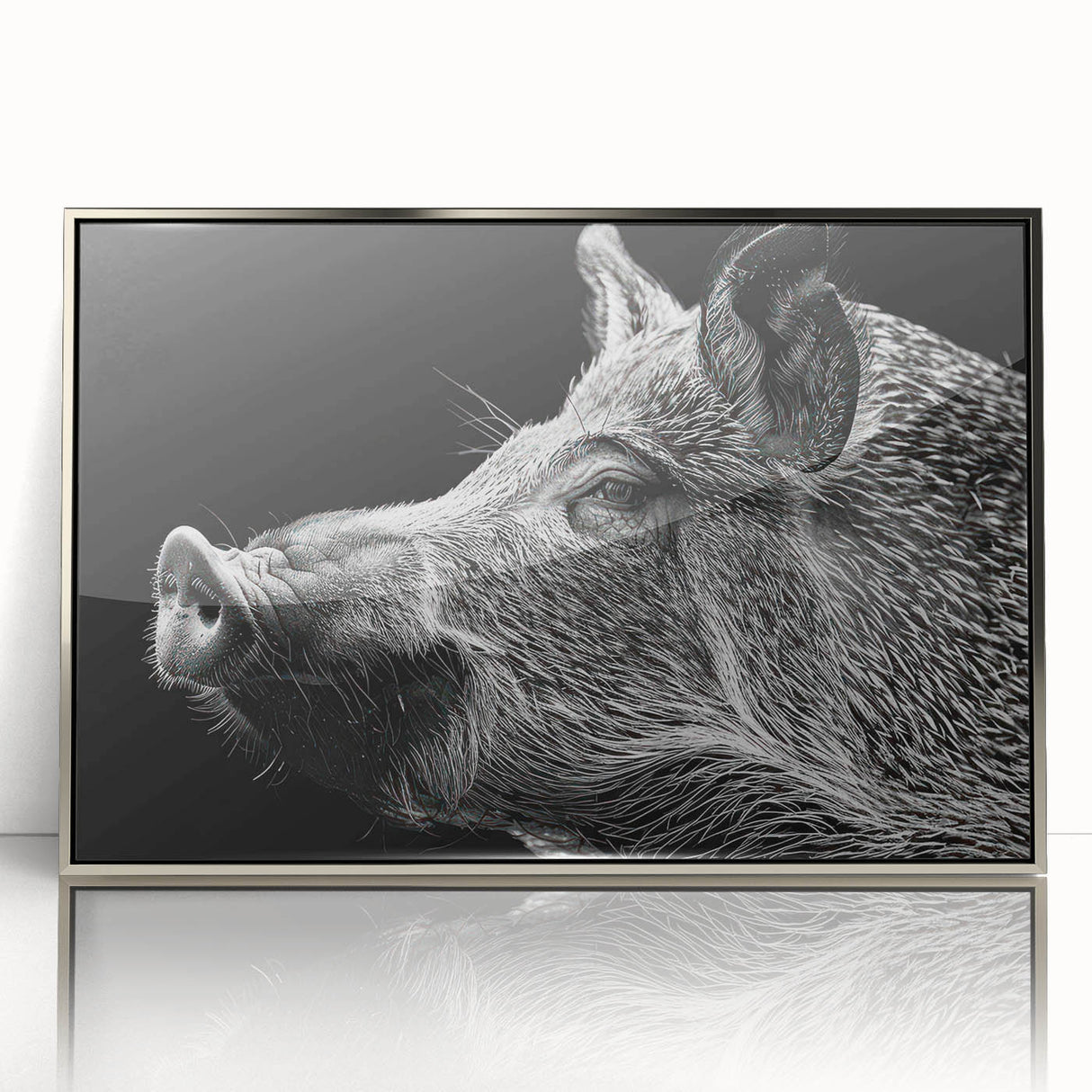 Framed wall art showcasing a playful pink pig design, accented with silver acrylic framing, perfect for animal lovers and home decor enthusiasts.