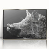 Framed wall art showcasing a playful pink pig design, accented with silver acrylic framing, perfect for animal lovers and home decor enthusiasts.