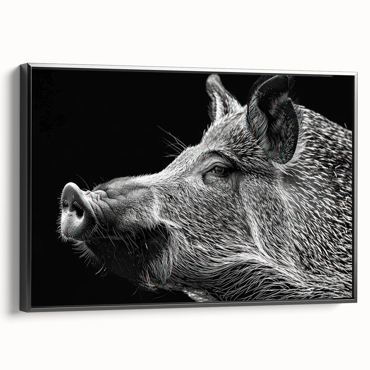 Framed black canvas wall art featuring a whimsical pig design in a side view, showcasing vibrant colors and intricate detailing, perfect for animal lovers and home decor enthusiasts.