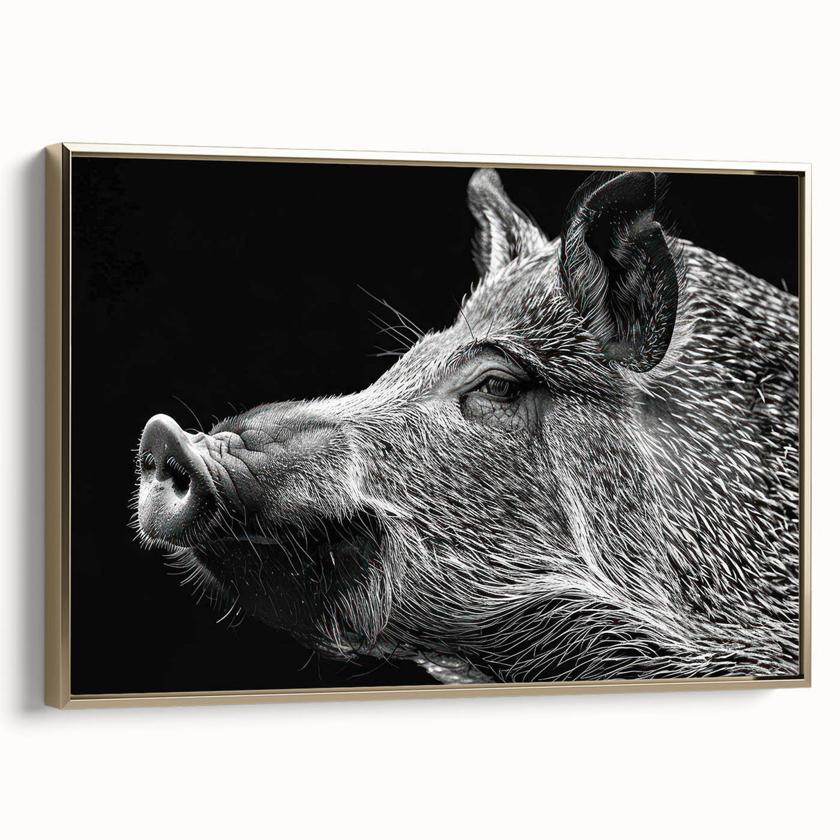 Framed canvas wall art featuring a vibrant pig design in gold tones, showcasing intricate details and textures, perfect for animal lovers and modern decor.