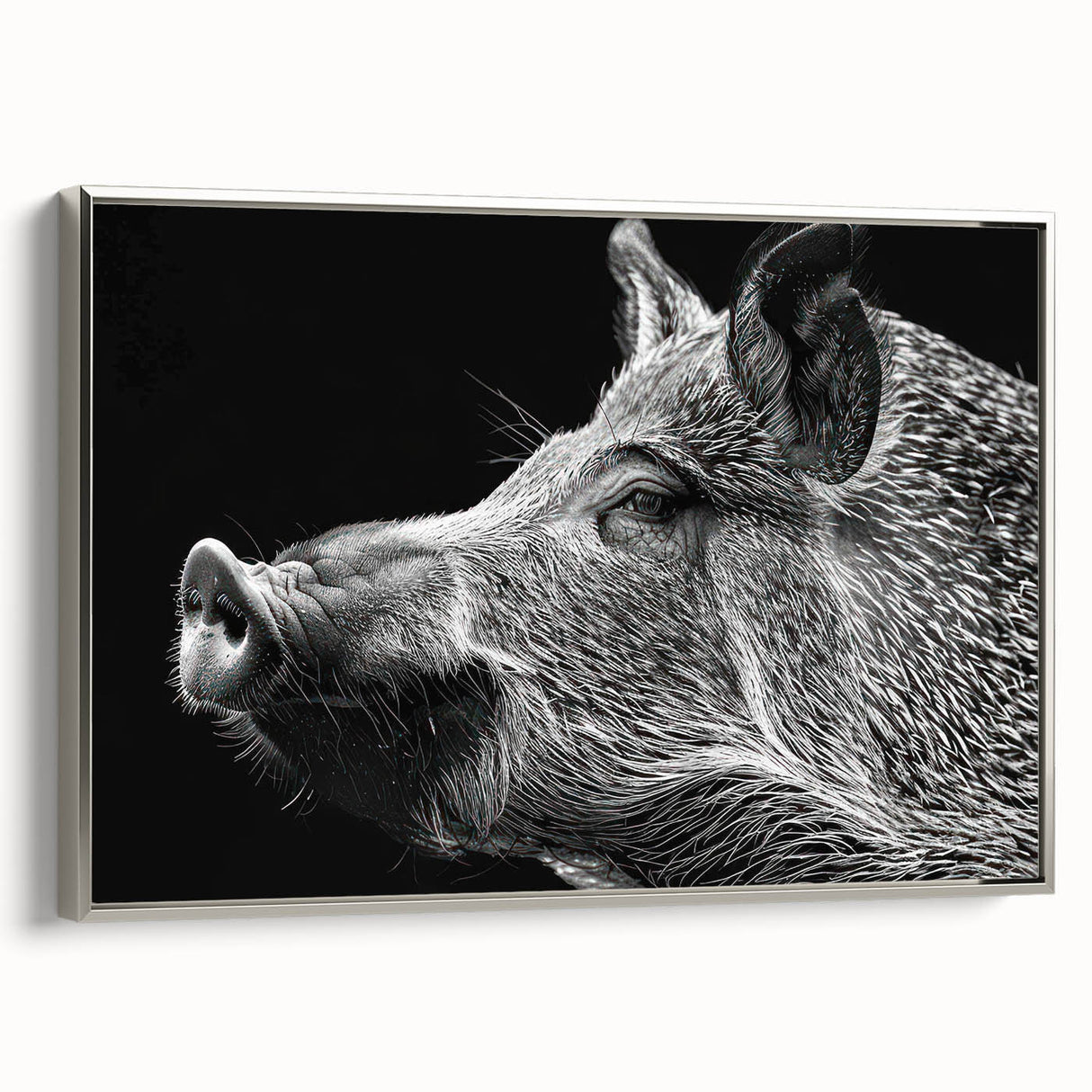 Framed wall art showcasing a vibrant pig design from the Animals A Wild Life collection, featuring a silver frame and textured canvas, perfect for animal lovers.