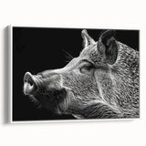 Framed canvas wall art showcasing a whimsical pig design in a white frame, ideal for animal lovers; perfect for home décor or children's room.