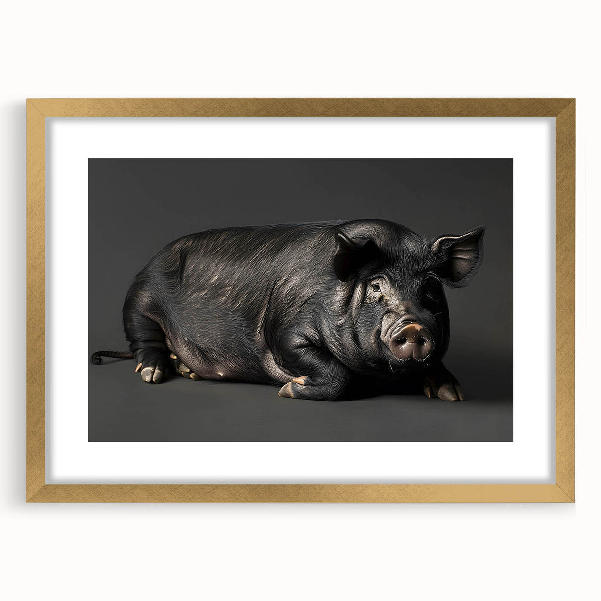 Framed wall art featuring a stylized pig design from the "Animals A Wild Life" collection, showcasing a gold mat and elegant frame, perfect for animal lovers.