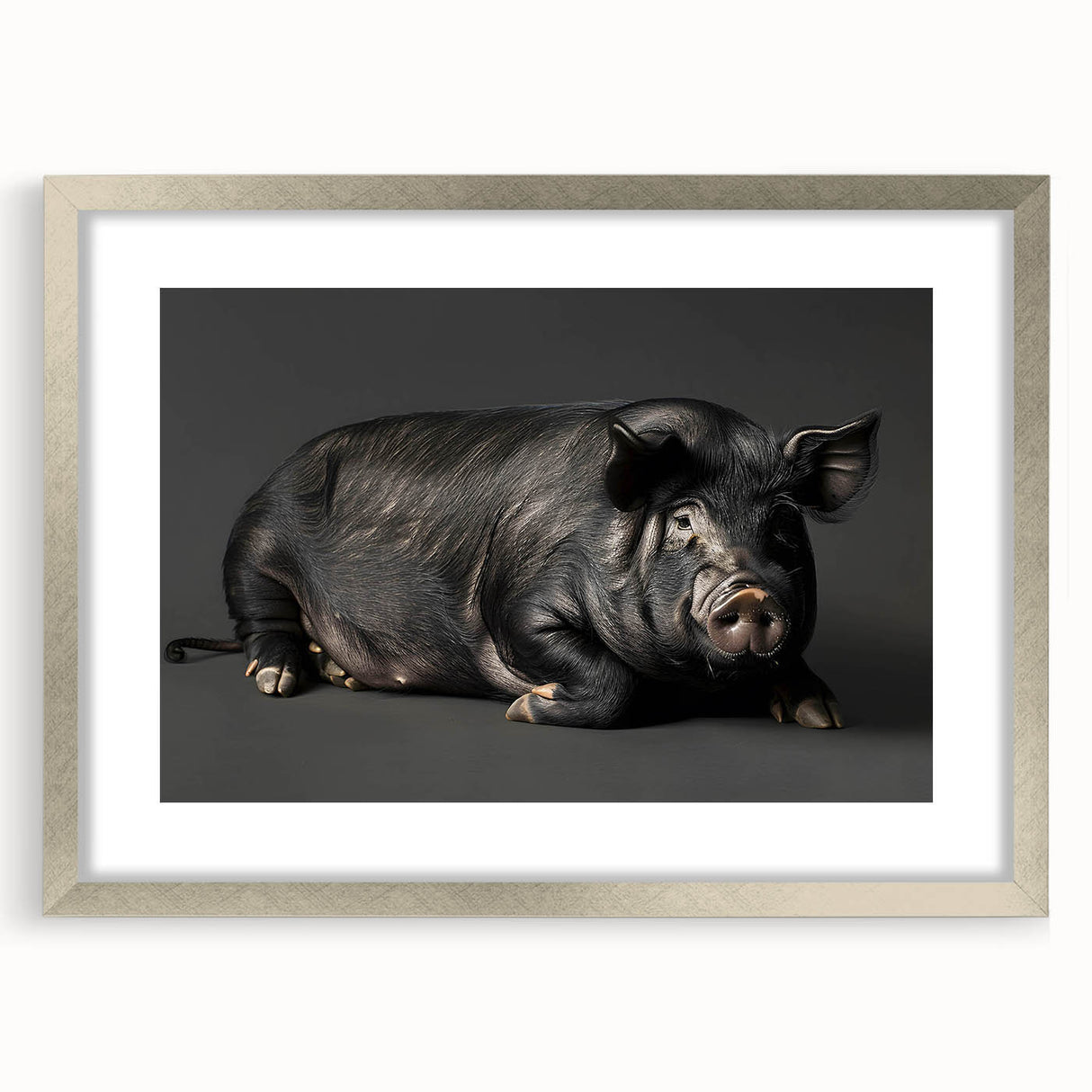 Framed wall art featuring a whimsical pig design from the "Animals of the Wild" collection, showcasing vibrant colors and a silver mat. Perfect for animal lovers' decor.