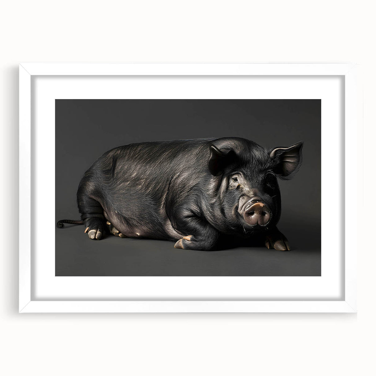 Framed wall art featuring a whimsical pig design in a white mat, showcasing vibrant colors and playful details, perfect for animal lovers and modern decor.