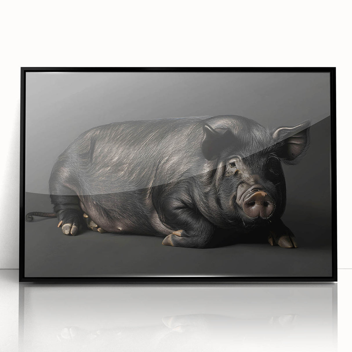 Framed wall art featuring a playful pig design from the "Animals: A Wild Life" collection, with a sleek black frame showcasing vibrant colors and intricate details. Perfect for animal lovers and home decor enthusiasts, this piece adds a whimsical touch to any space.