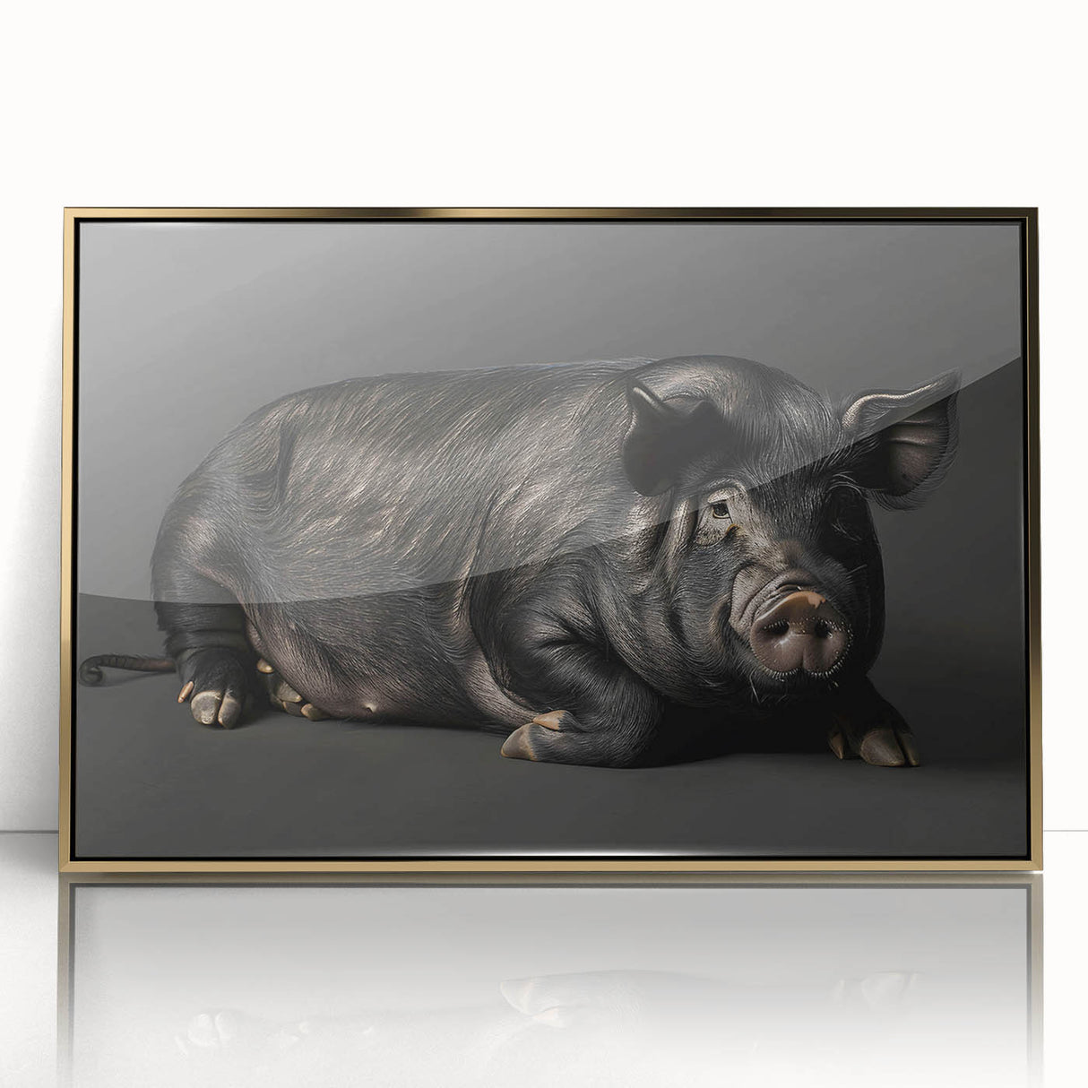 Framed acrylic wall art featuring a vibrant pig design, showcasing intricate details and a gold frame, ideal for animal lovers and home decor enthusiasts.