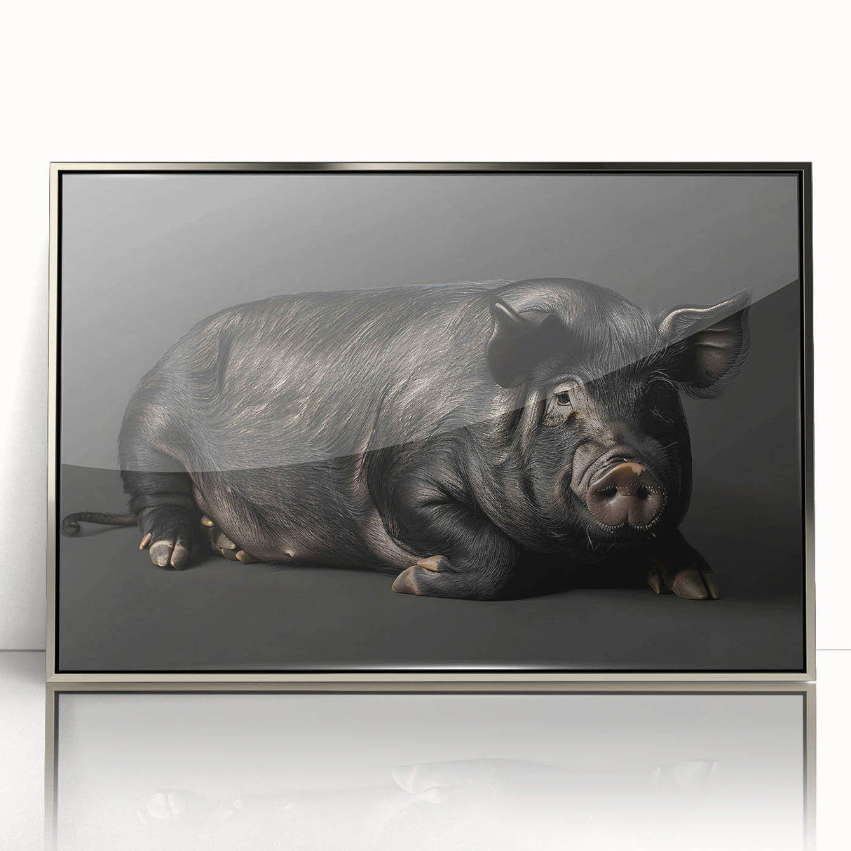Framed wall art featuring a whimsical pig design in a silver acrylic finish, showcasing vibrant colors and playful details, perfect for animal lovers and home decor enthusiasts.