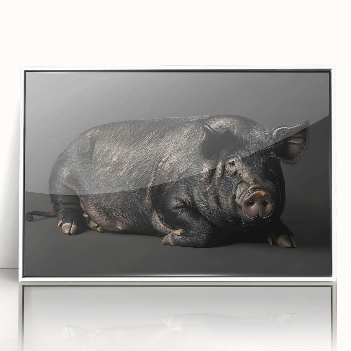 Framed acrylic wall art featuring a whimsical pig design from the “Animals: A Wild Life” collection, displayed against a white background, perfect for playful home decor.
