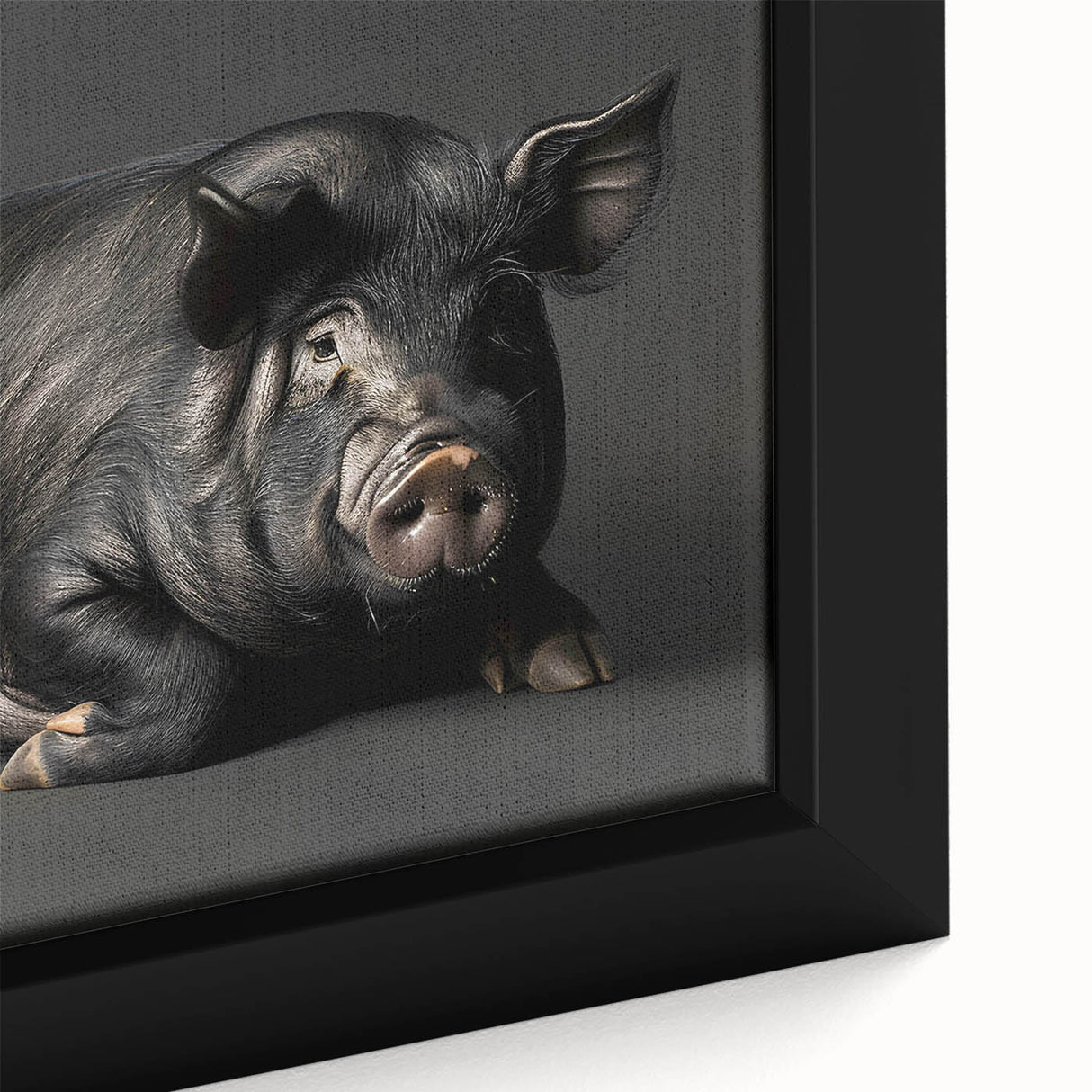 Close-up of a framed canvas wall art piece featuring a whimsical design of a pink pig among colorful foliage, ideal for animal lovers and home decor enthusiasts. This vibrant artwork adds a playful touch to any space, showcasing detailed textures and lively colors.