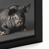 Close-up of a framed canvas wall art piece featuring a whimsical design of a pink pig among colorful foliage, ideal for animal lovers and home decor enthusiasts. This vibrant artwork adds a playful touch to any space, showcasing detailed textures and lively colors.