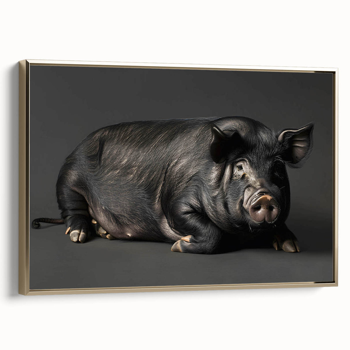 Framed canvas wall art showcasing a whimsical pig design with a gold frame, perfect for animal lovers and home decor enthusiasts, adding a playful touch to any room.