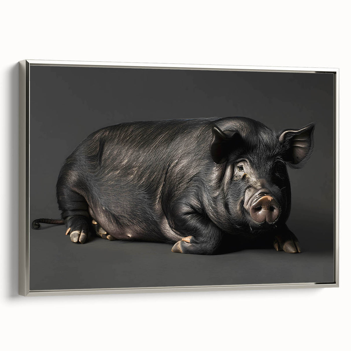 Framed wall art featuring a whimsical pig design in vibrant colors, set against a silver background, showcasing playful animal-themed decor for homes.