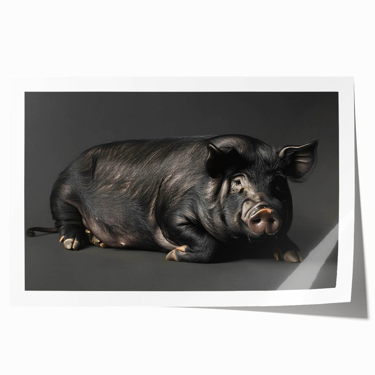 Whimsical wall art print featuring a playful pink pig design on a textured background, ideal for animal lovers and home decor enthusiasts, presented in a rolled format.