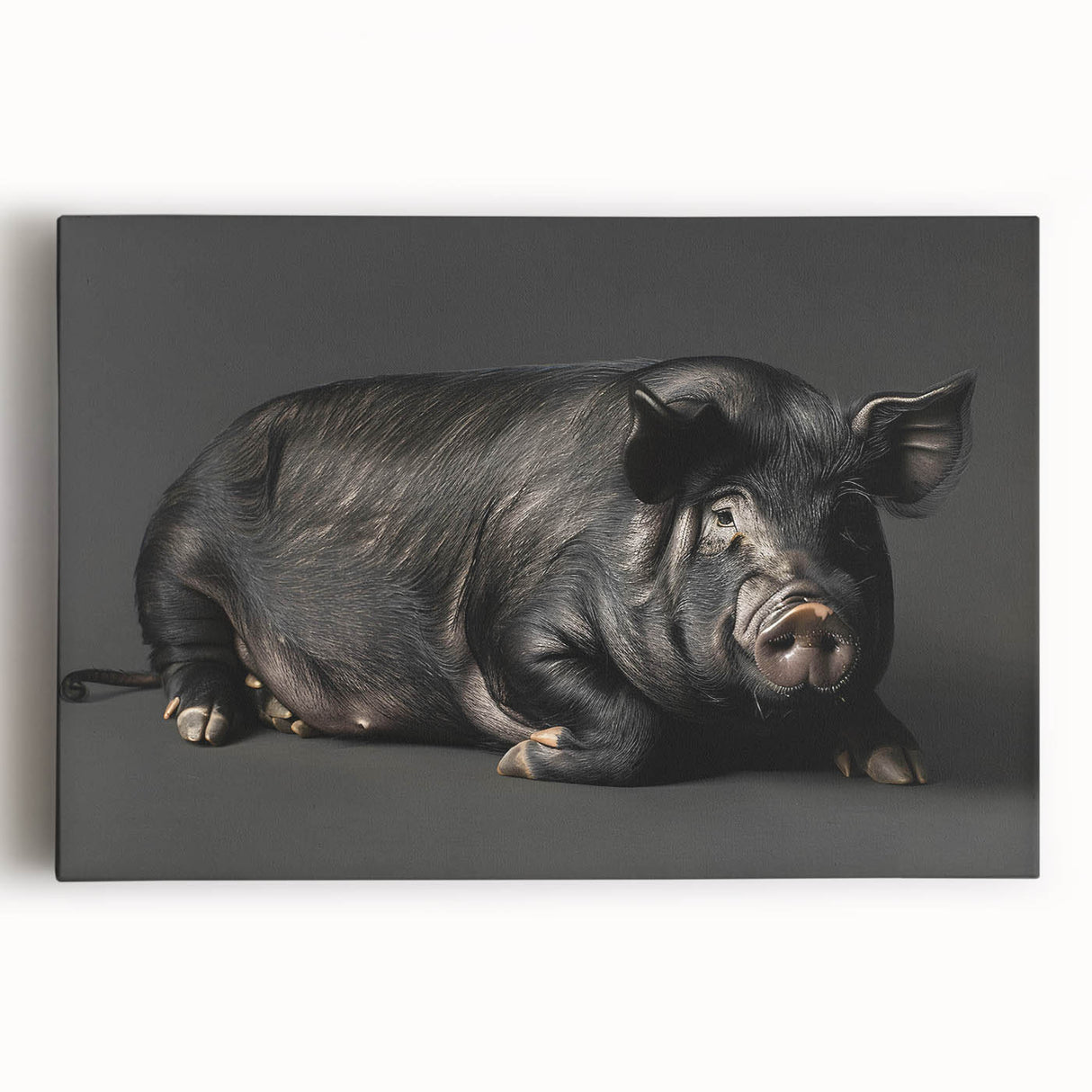 Stretched canvas wall art featuring a vibrant pig design, showcasing detailed textures and colors, perfect for adding a whimsical touch to home decor. Ideal for animal lovers and art enthusiasts.