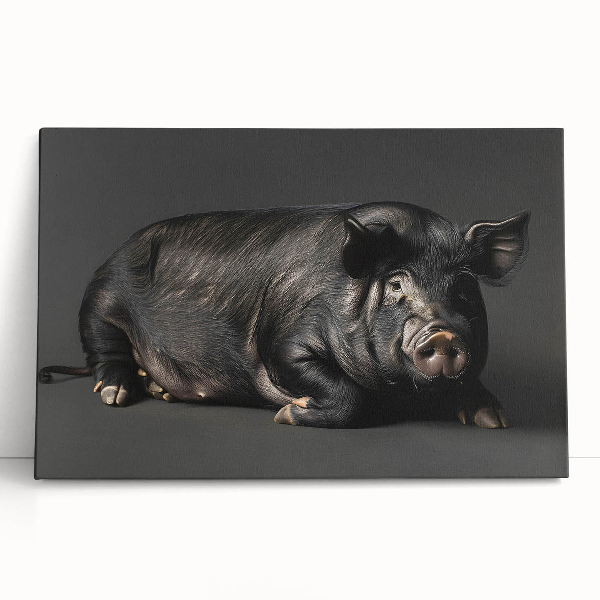 Vibrant pig-themed wall art on stretched canvas, showcasing a whimsical design with colorful details, perfect for animal lovers and home decor enthusiasts.