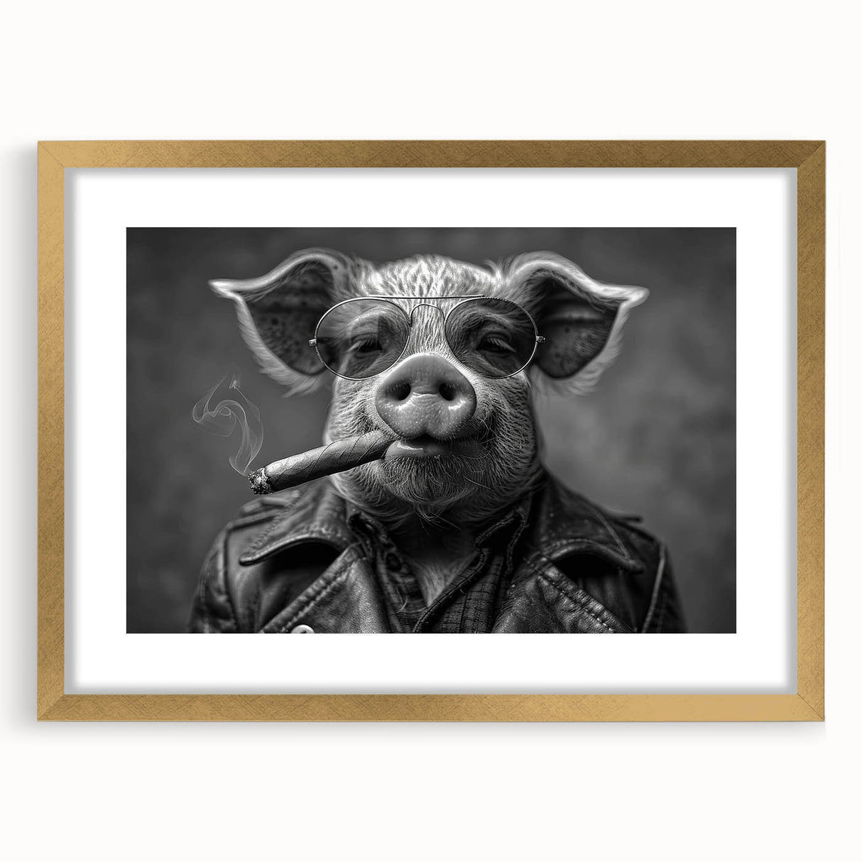 Framed wall art featuring a whimsical pig design, elegantly matted and presented in a gold frame, perfect for animal lovers and home decor enthusiasts.