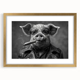Framed wall art featuring a whimsical pig design, elegantly matted and presented in a gold frame, perfect for animal lovers and home decor enthusiasts.