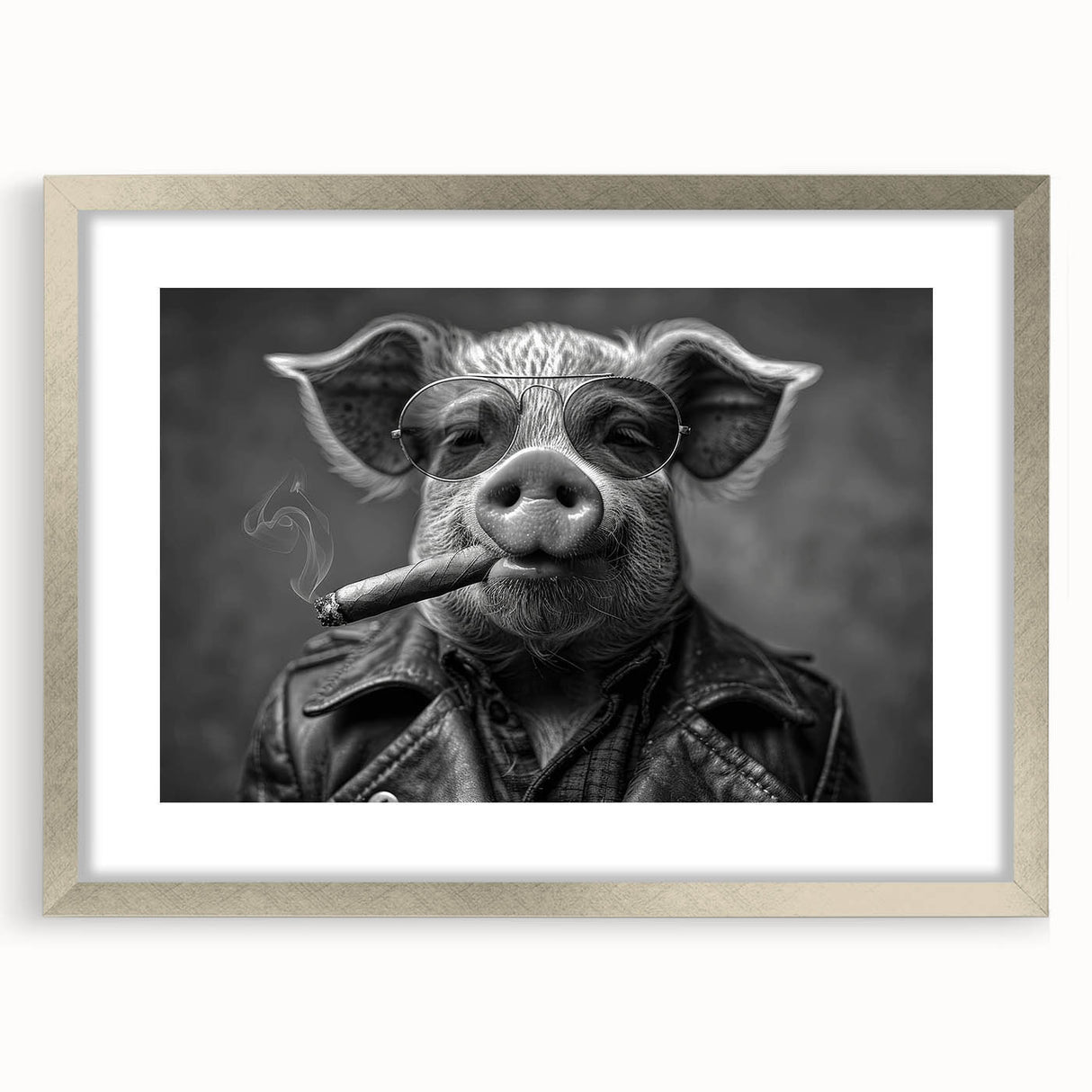 Silver-framed wall art featuring a whimsical pig design from the "Animals & Wild Life" collection, elegantly matted to enhance home decor aesthetics.