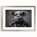Silver-framed wall art featuring a whimsical pig design from the "Animals & Wild Life" collection, elegantly matted to enhance home decor aesthetics.