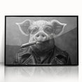 Framed black wall art featuring a whimsical pig design in vibrant colors, showcasing playful animal themes ideal for children's rooms or animal lovers' decor.