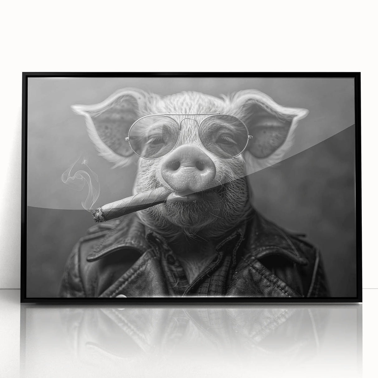 Framed black wall art featuring a whimsical pig design in vibrant colors, showcasing playful animal themes ideal for children's rooms or animal lovers' decor.