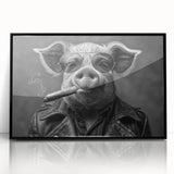 Framed black wall art featuring a whimsical pig design in vibrant colors, showcasing playful animal themes ideal for children's rooms or animal lovers' decor.
