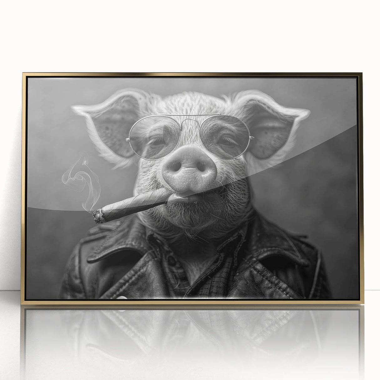 Framed wall art featuring a vibrant pig design with gold accents, showcasing a whimsical animal theme perfect for home decor. Ideal for animal lovers and modern aesthetics.
