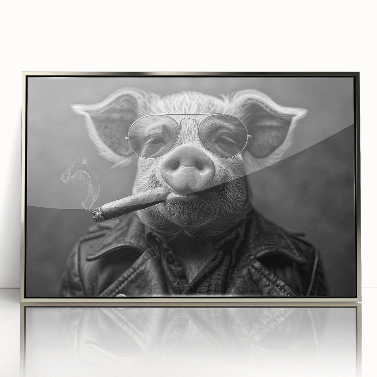 Framed wall art featuring a whimsical pig design in vibrant colors, displayed in a sleek silver frame, perfect for animal lovers and modern decor enthusiasts.